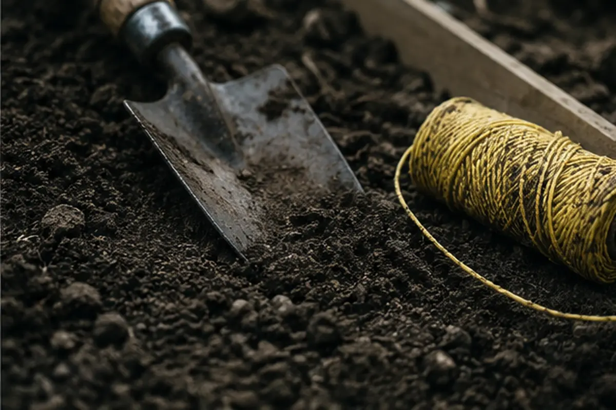 Gartenkelle und Schnur auf lockerer Erde