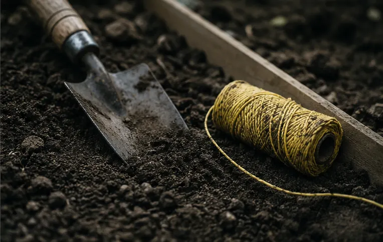 Gartenkelle und Schnur auf Erde